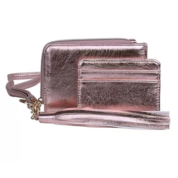 NEW Julia Buxton Pebble Zip Tassel Wristlet & CardHolder, metallic pink - Picture 1 of 11
